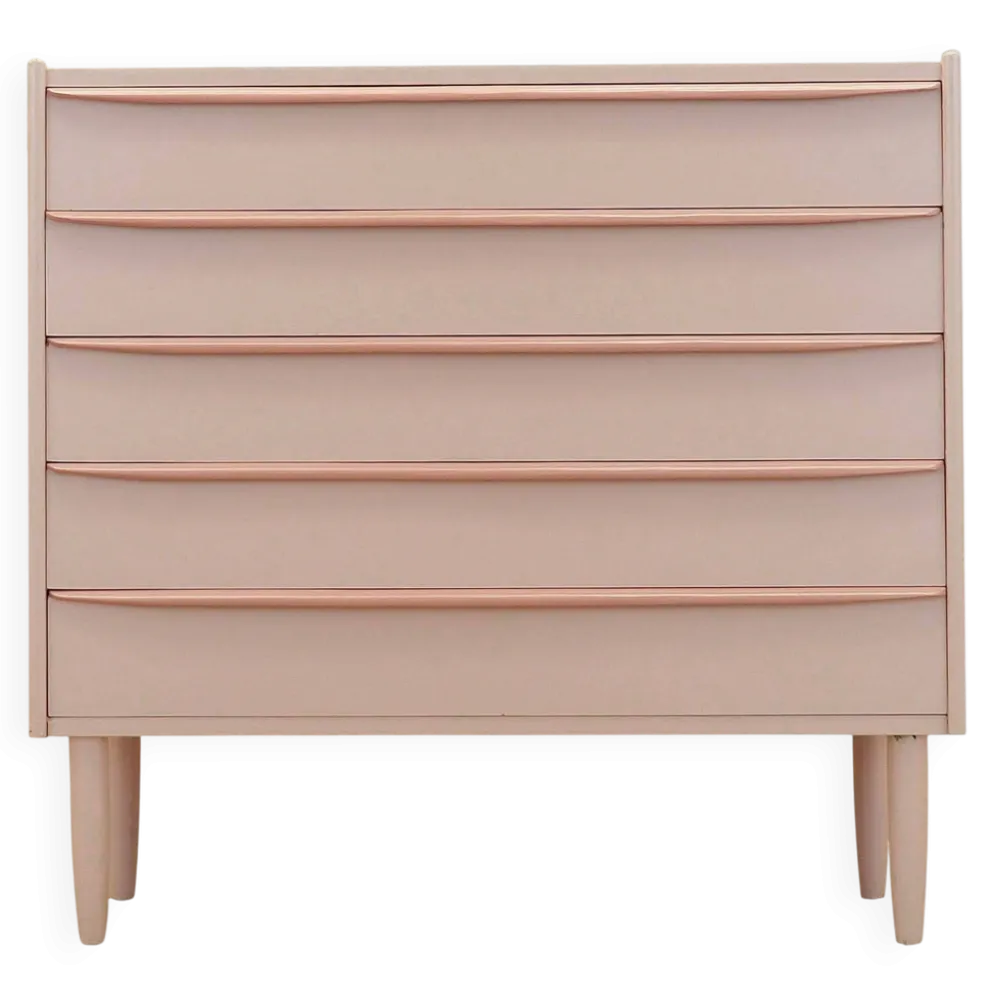 Commode rose danoise des années 1970, quatre tiroirs, placage de teck.