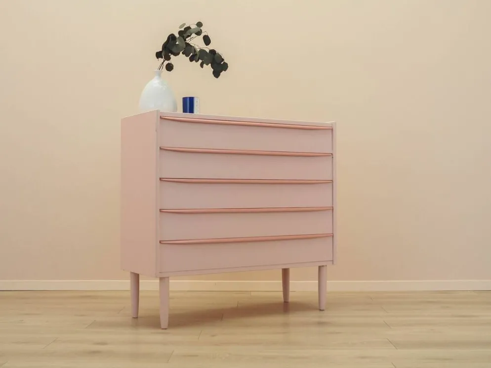 Commode rose danoise des années 1970, quatre tiroirs, placage de teck.