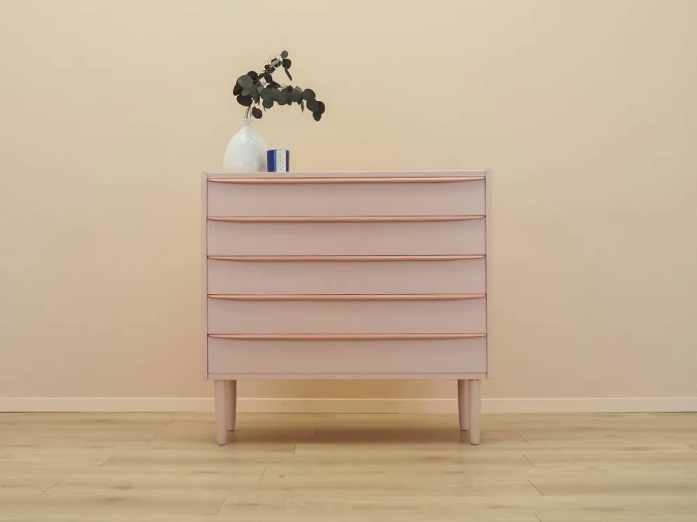 Commode rose danoise des années 1970, quatre tiroirs, placage de teck.