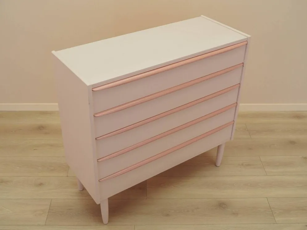 Commode rose danoise des années 1970, quatre tiroirs, placage de teck.