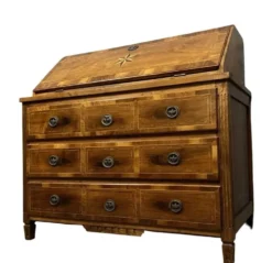 Commode scribanne époque louis XVI en ronce de noyer à décor marqueté