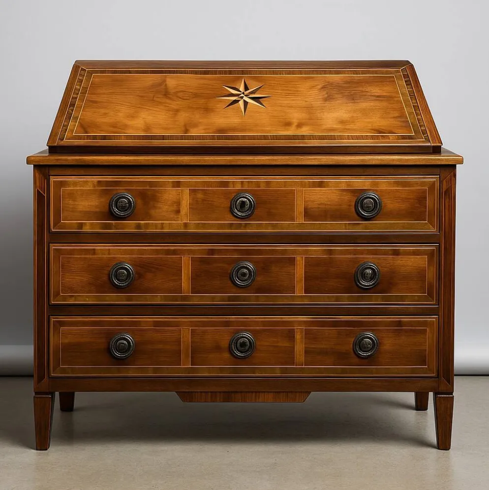 Commode scribanne époque louis XVI en ronce de noyer à décor marqueté