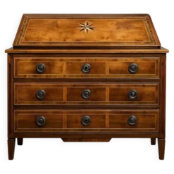 Commode scribanne époque louis XVI en ronce de noyer à décor marqueté