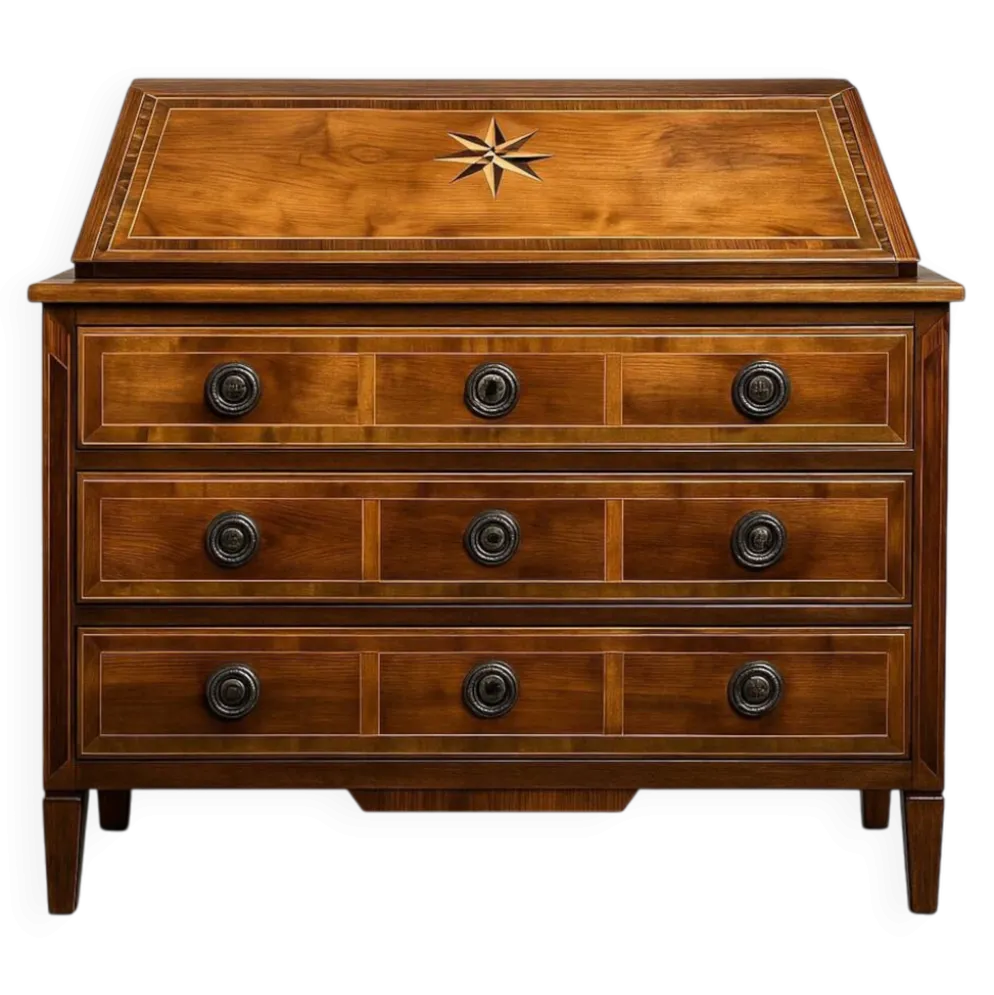 Commode scribanne époque louis XVI en ronce de noyer à décor marqueté