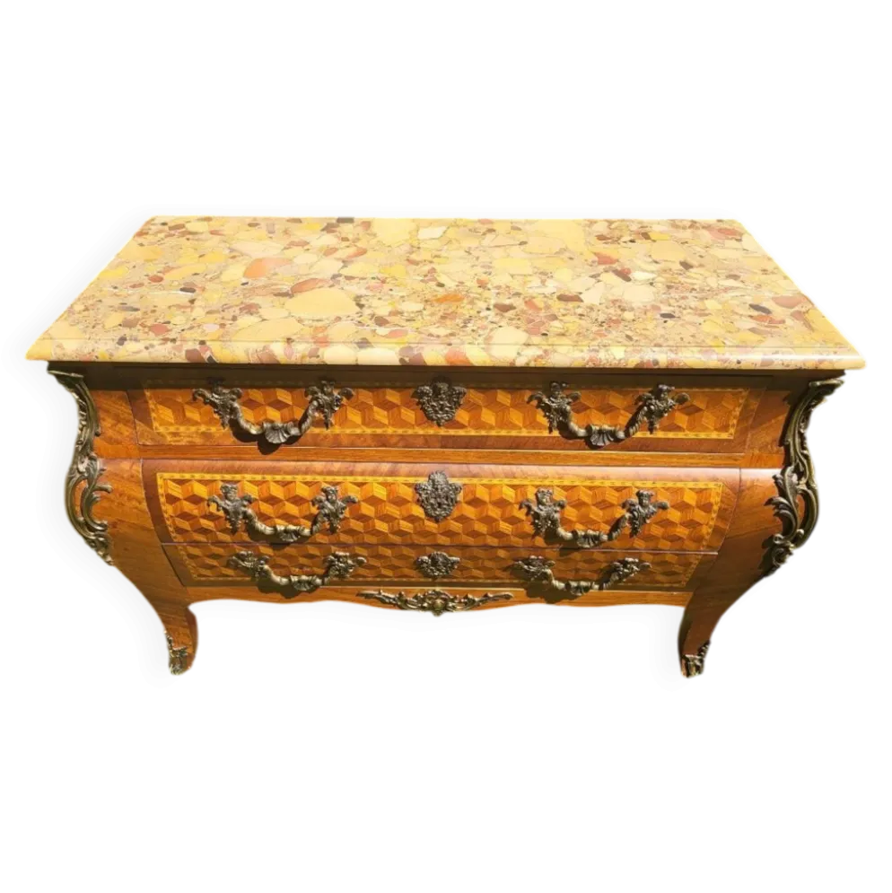 Commode style Louis XV marquetée – plateau marbr
