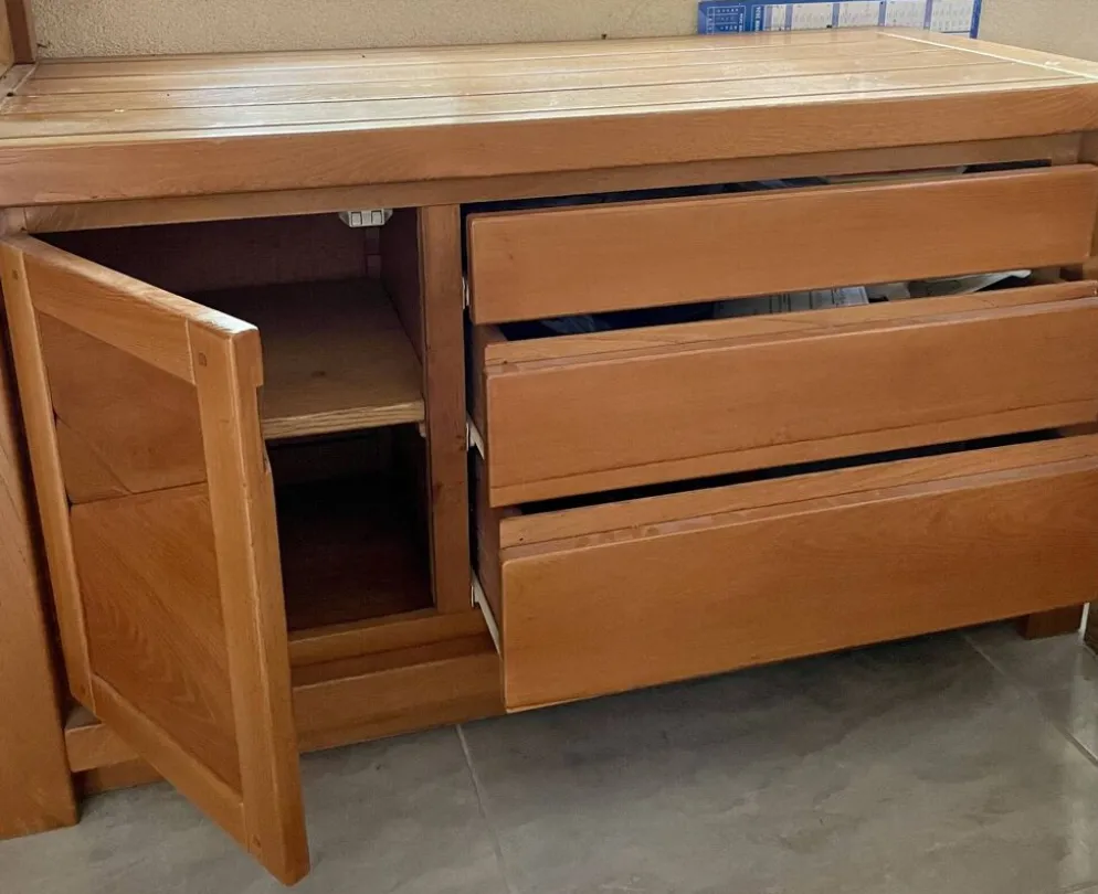 Commode étagère buffet d'angle en orme massif desmarchelier