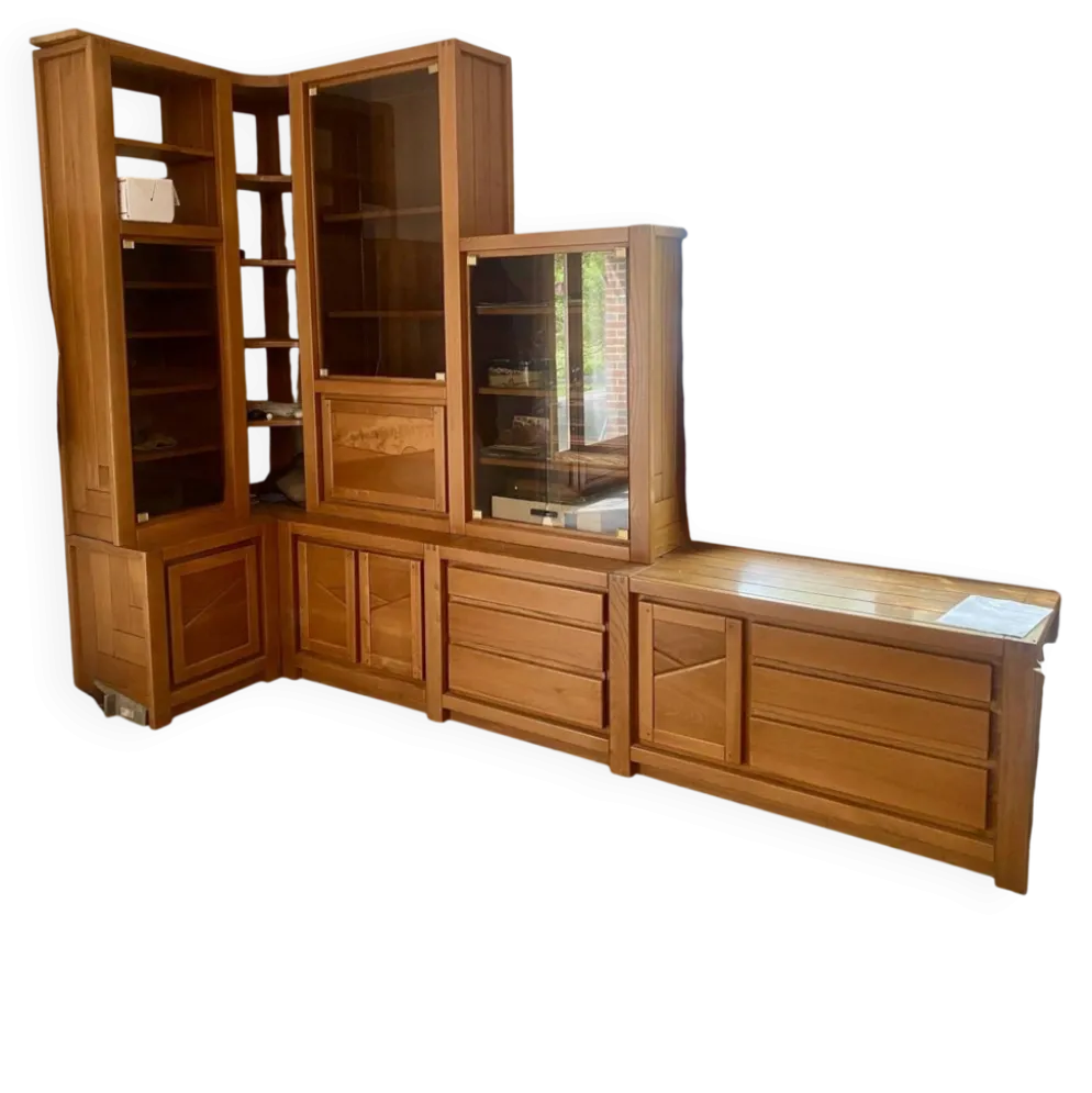 Commode étagère buffet d'angle en orme massif desmarchelier
