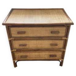 Commode 3 tiroirs en rotin, bambou et cannage, années 70