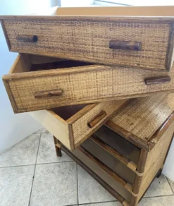 Commode 3 tiroirs en rotin, bambou et cannage, années 70
