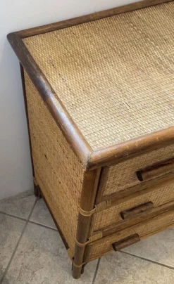 Commode 3 tiroirs en rotin, bambou et cannage, années 70