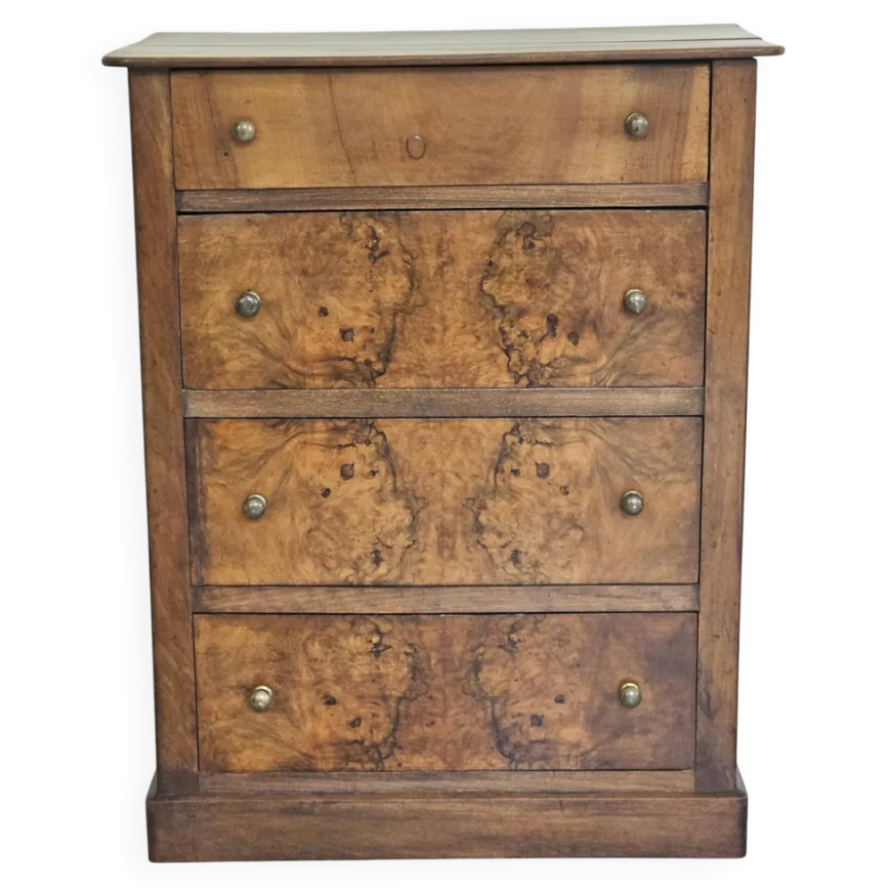 commode 4 tiroirs meuble rangement bois ronce de noyer ancienne vintag