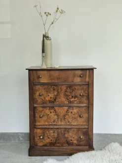 commode 4 tiroirs meuble rangement bois ronce de noyer ancienne vintag