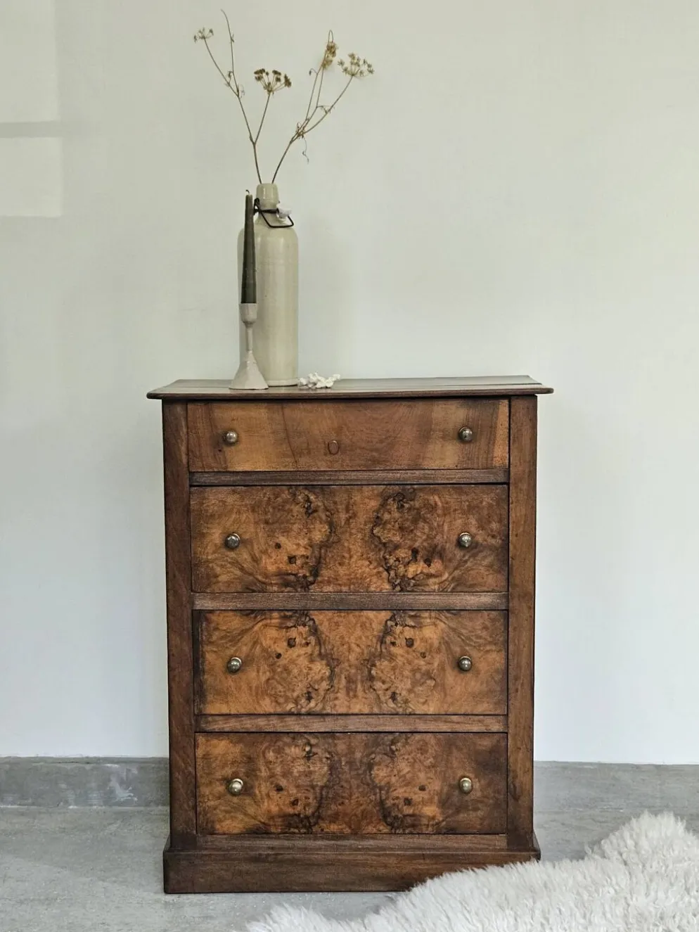 commode 4 tiroirs meuble rangement bois ronce de noyer ancienne vintag
