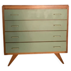 Commode vintage en bois – 4 tiroirs vert d’eau – pieds compas