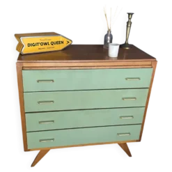 Commode vintage en bois – 4 tiroirs vert d’eau – pieds compas