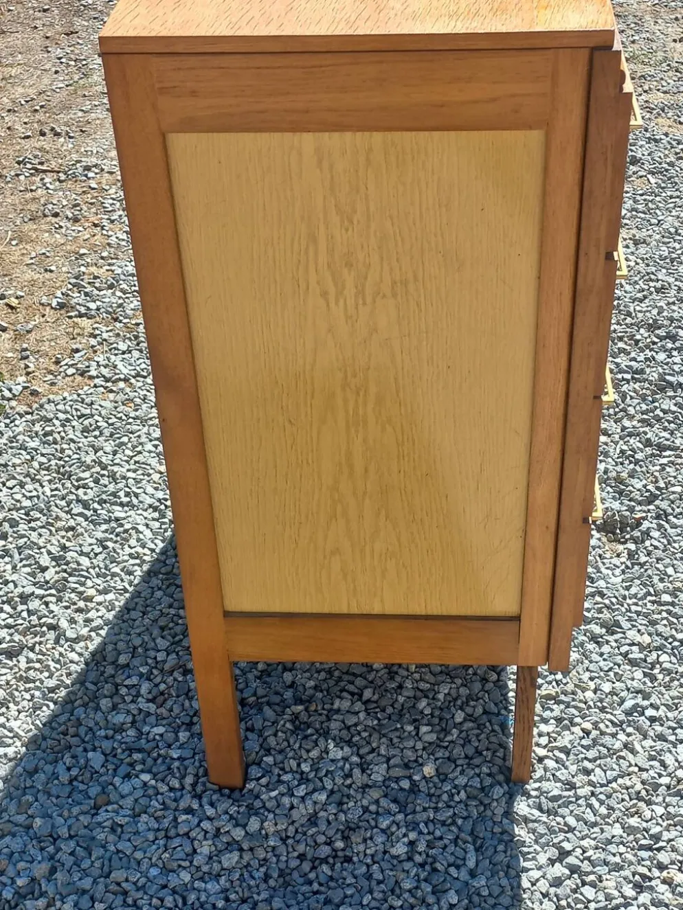 Commode vintage en chêne blond pieds compas 4 tiroirs des années 50