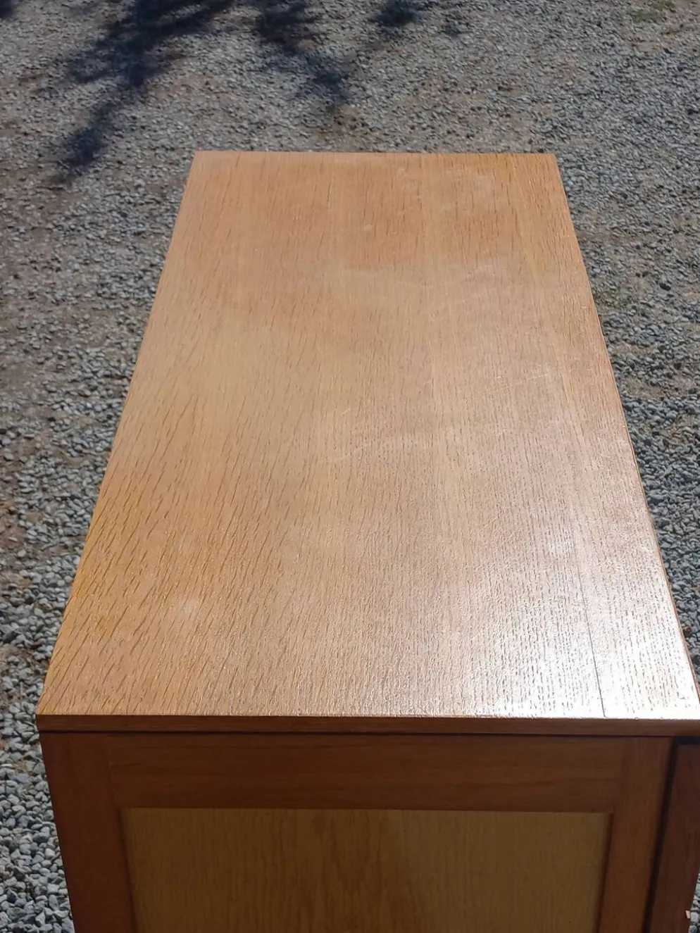 Commode vintage en chêne blond pieds compas 4 tiroirs des années 50