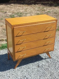 Commode vintage en chêne blond pieds compas 4 tiroirs des années 50