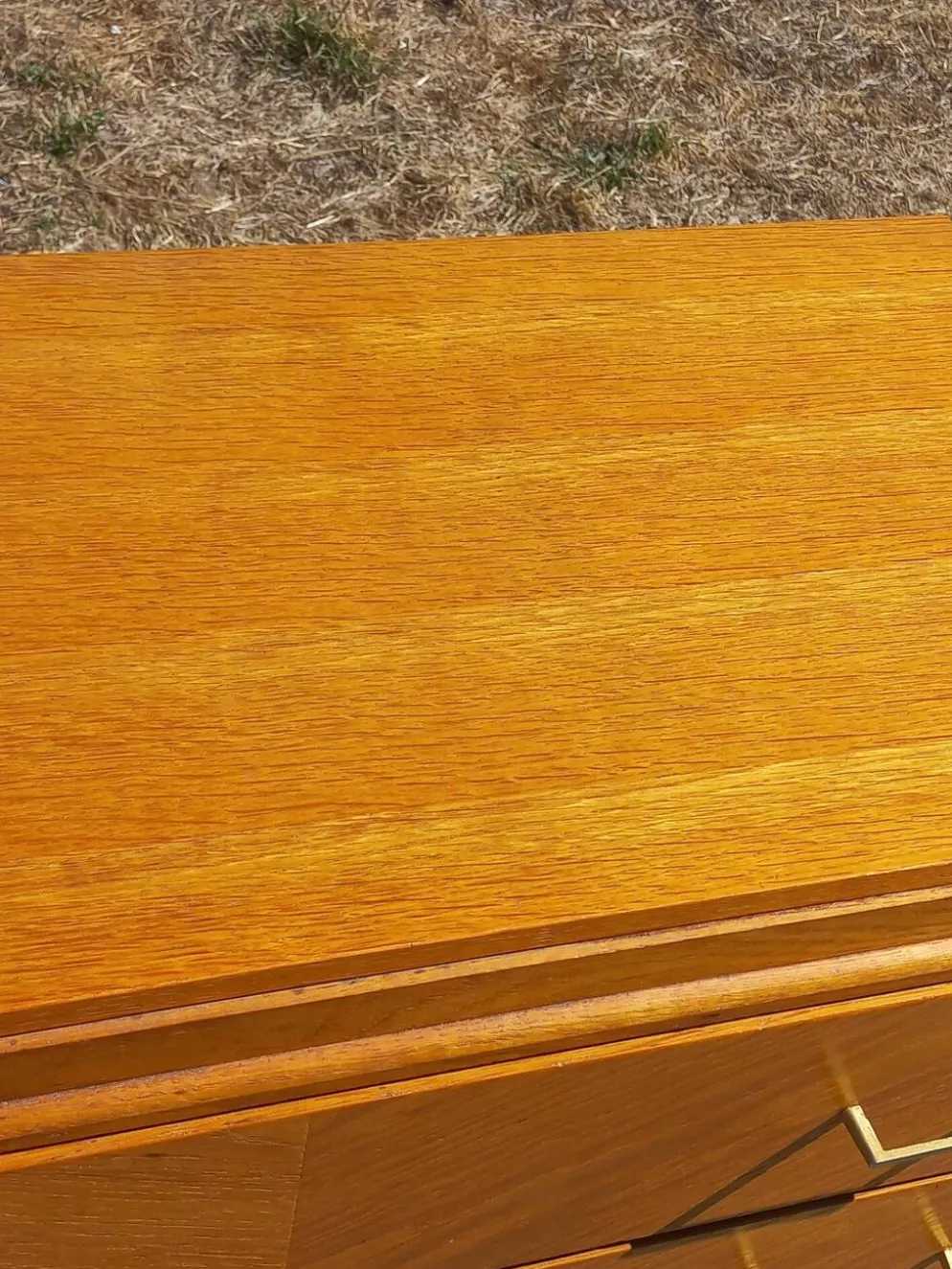 Commode vintage en chêne blond pieds compas 4 tiroirs des années 50