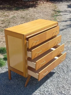 Commode vintage en chêne blond pieds compas 4 tiroirs des années 50