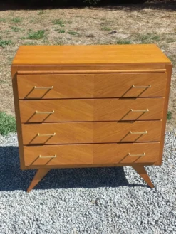 Commode vintage en chêne blond pieds compas 4 tiroirs des années 50