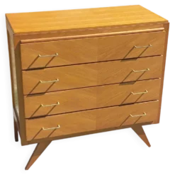 Commode vintage en chêne blond pieds compas 4 tiroirs des années 50
