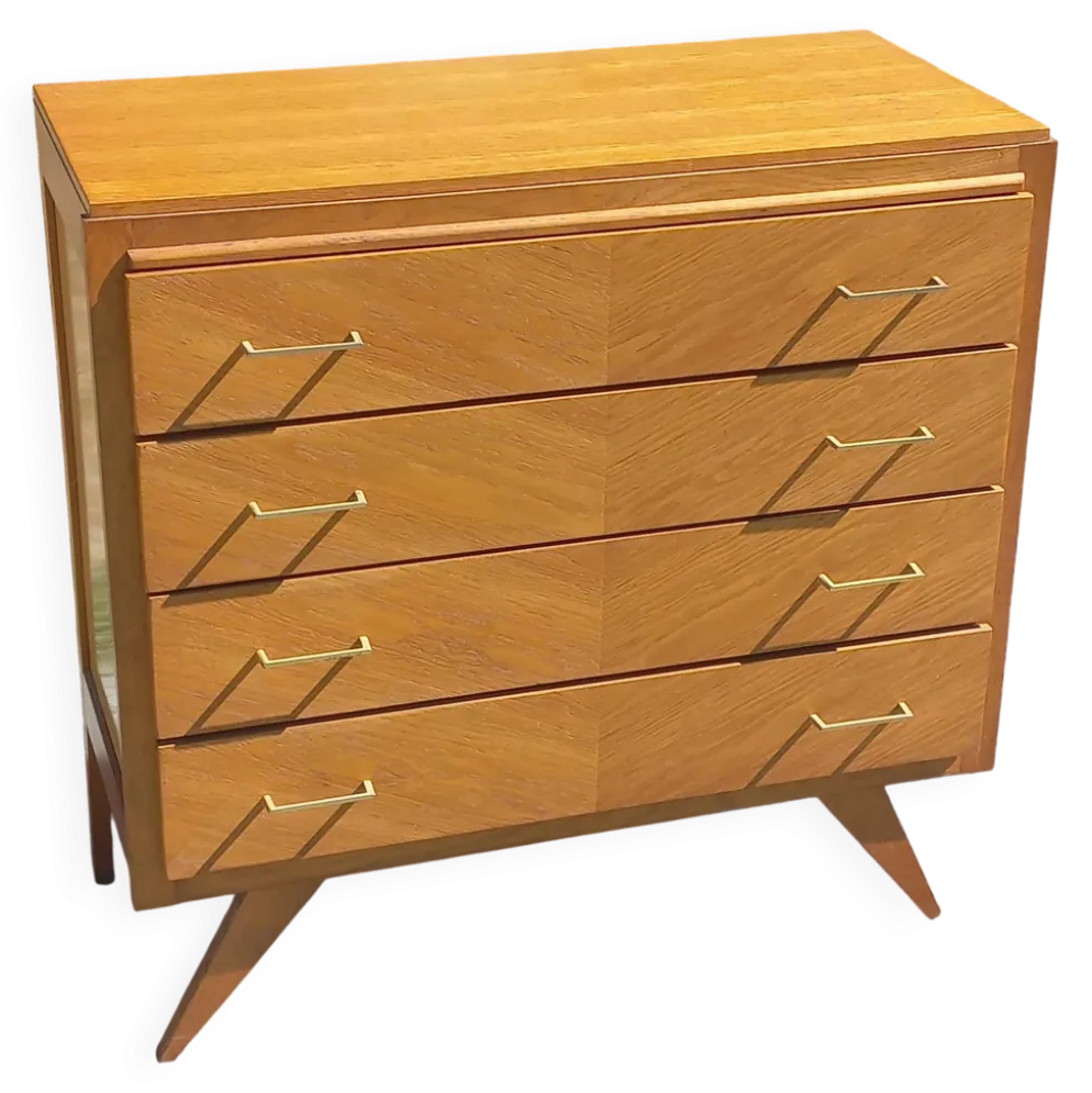 Commode vintage en chêne blond pieds compas 4 tiroirs des années 50
