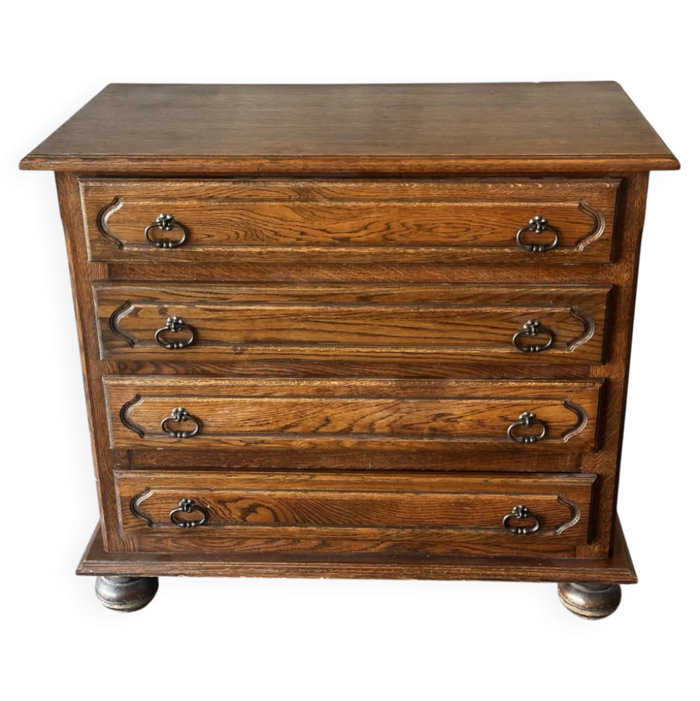 Commode vintage en chêne et placage à 4 tiroirs