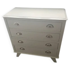 Commode vintage en poirier massif, relookée blanc laqué – pieds compas