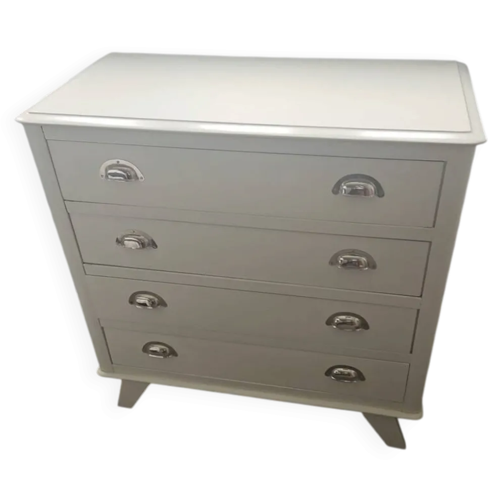 Commode vintage en poirier massif, relookée blanc laqué – pieds compas