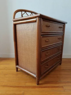 Commode vintage en rotin et cannage années 70