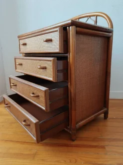 Commode vintage en rotin et cannage années 70