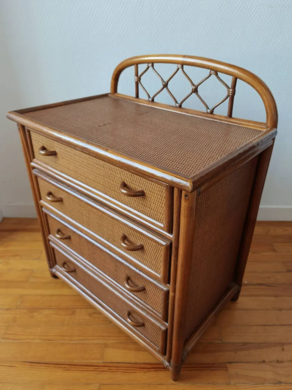 Commode vintage en rotin et cannage années 70