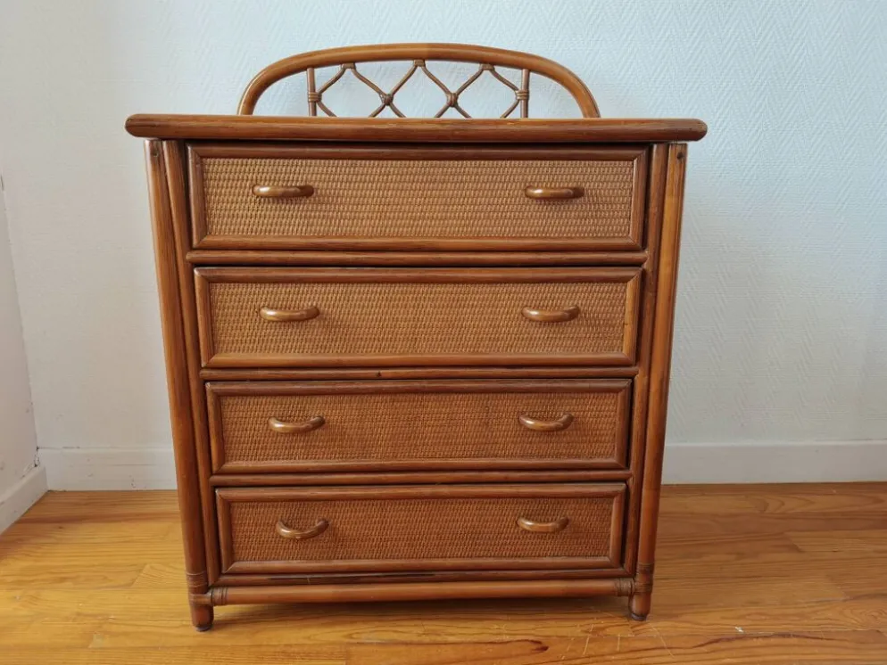 Commode vintage en rotin et cannage années 70