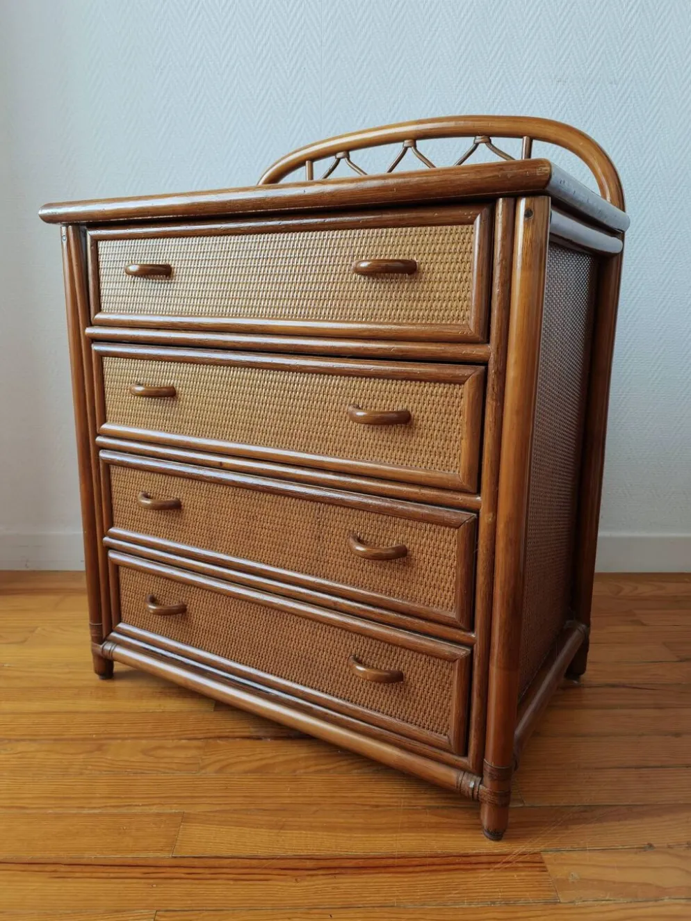 Commode vintage en rotin et cannage années 70