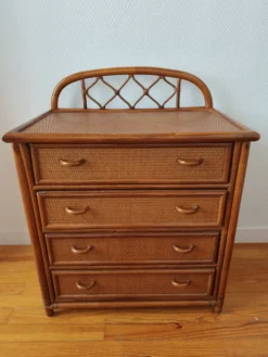 Commode vintage en rotin et cannage années 70