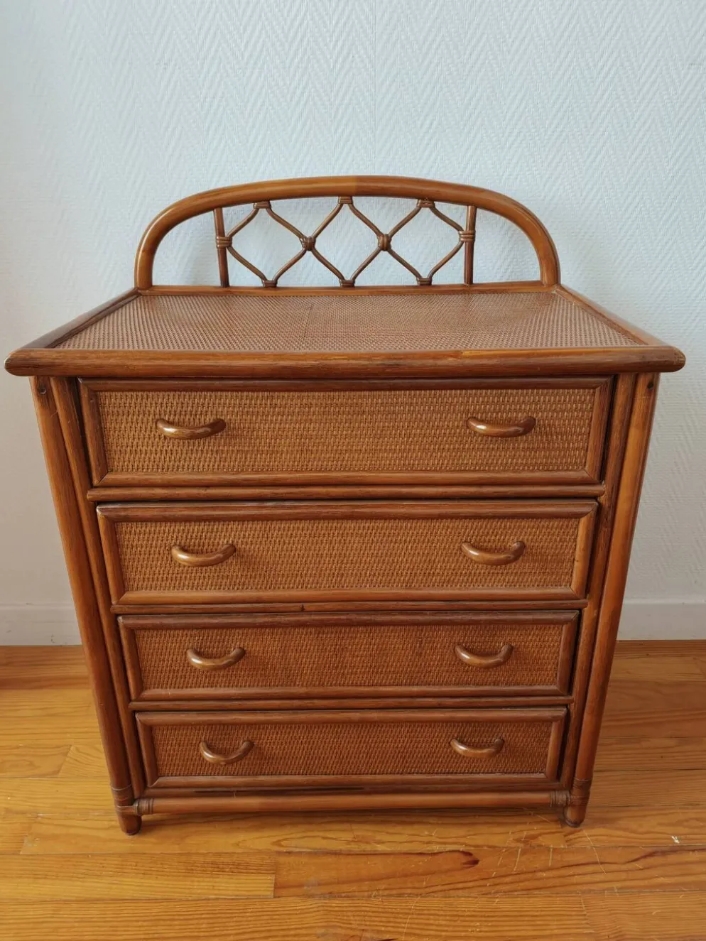 Commode vintage en rotin et cannage années 70