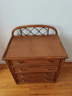 Commode vintage en rotin et cannage années 70