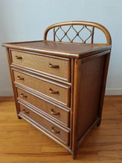 Commode vintage en rotin et cannage années 70