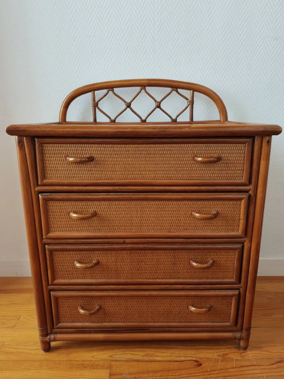 Commode vintage en rotin et cannage années 70