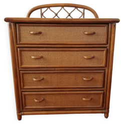 Commode vintage en rotin et cannage années 70