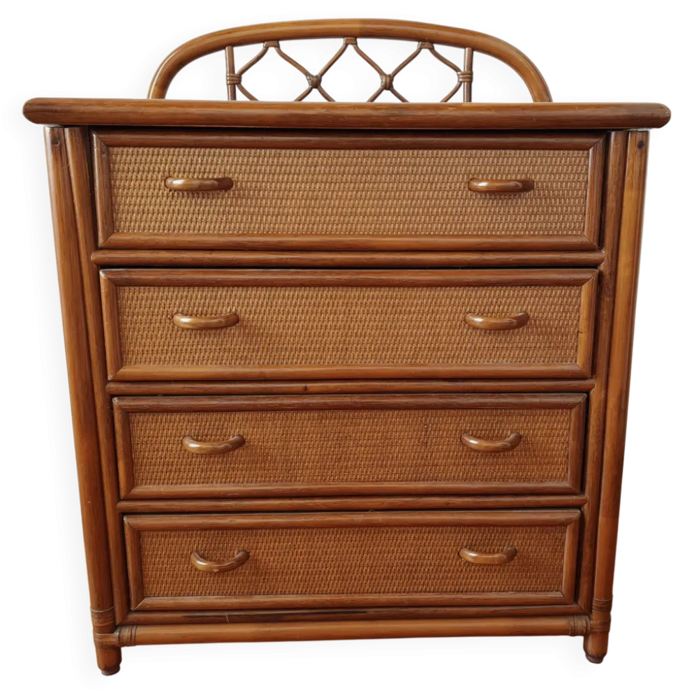 Commode vintage en rotin et cannage années 70