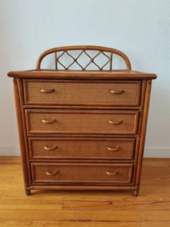 Commode vintage en rotin et cannage années 70