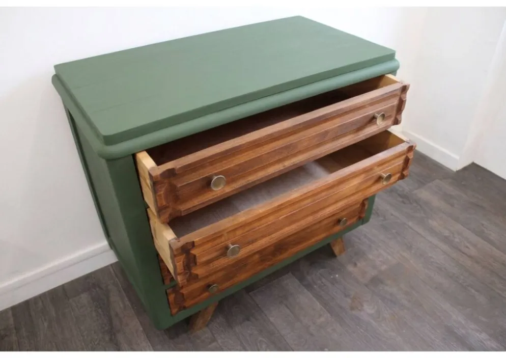 Commode vintage 4 tiroirs verte et bois