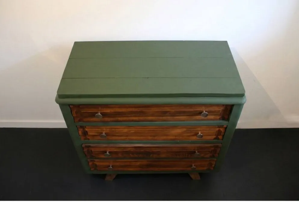Commode vintage 4 tiroirs verte et bois