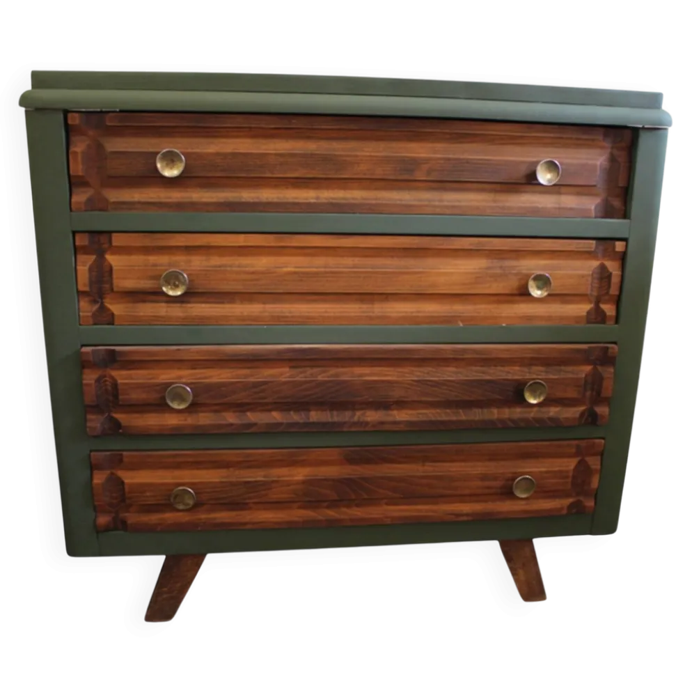 Commode vintage 4 tiroirs verte et bois