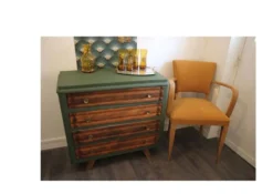 Commode vintage 4 tiroirs verte et bois