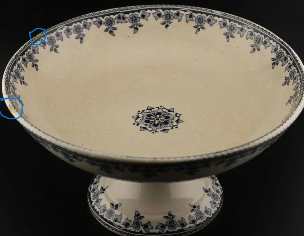 Compotier ancien en faïence Terre de Fer - Décor floral bleu