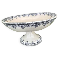 Compotier ancien en faïence Terre de Fer - Décor floral bleu