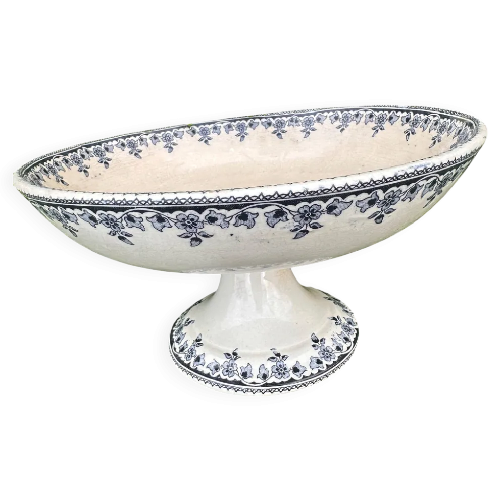 Compotier ancien en faïence Terre de Fer - Décor floral bleu